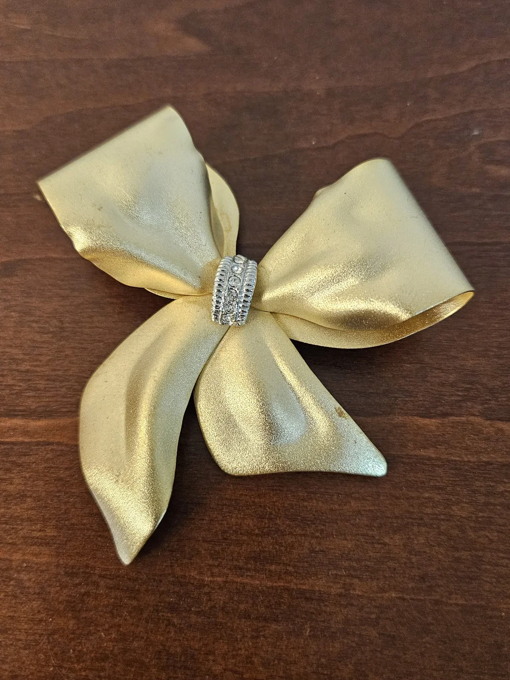 Gold Bow Brooch with Crystal Center Accent